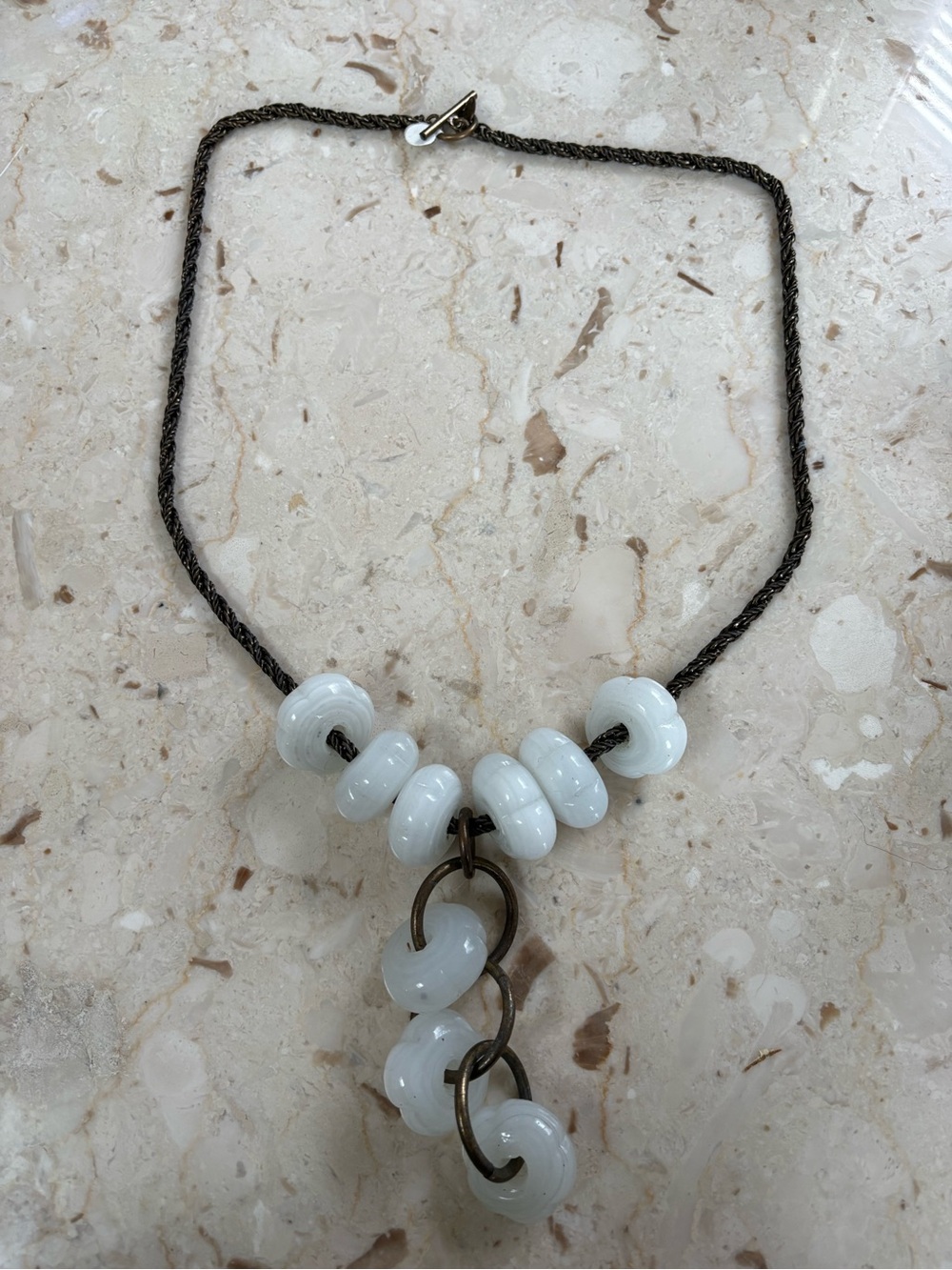 White Heavy Stone Pendant Necklace on Dark Braided Brass Chain